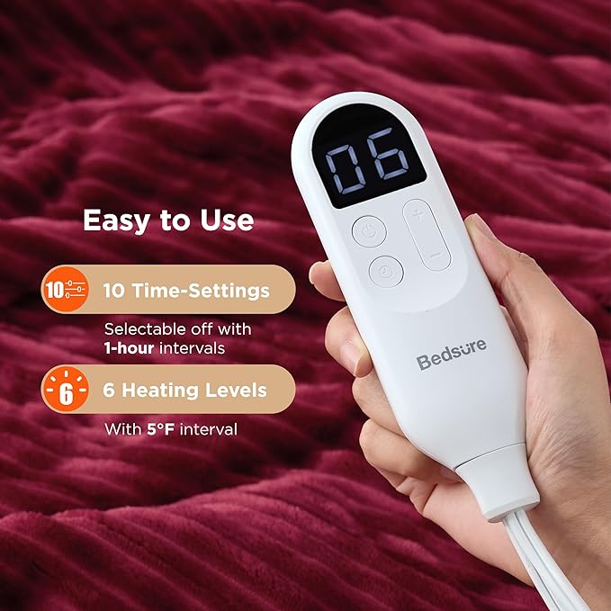 Bedsure GentleSoft Electric Blanket Full Size - Soft Ribbed Flannel Heated Blanket with 6 Heat Settings, Heating with 10 Time Settings, 8 hrs Timer Auto Shut Off, Gifts for Grandma (72"x84", Burgundy)