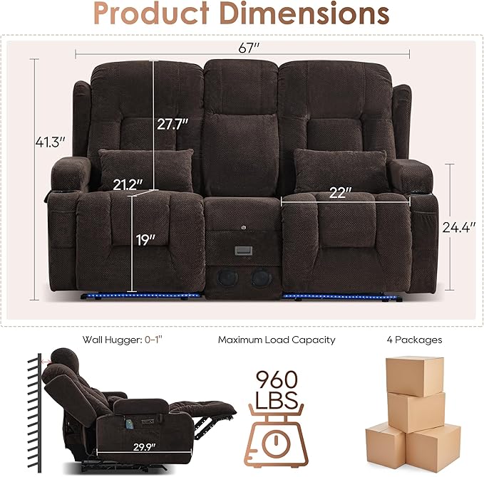 TUNYI Wall Hugger Loveseat Recliner Sofa with Console, Power Reclining Loveseat RV Couch with Massage & Heat/USB/Outlet/Storage/LED Light/Speaker (Brown)