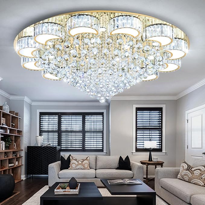 47'' Gold Modern Crystal Chandeliers for Dining Room LED Dimmable Light Fixtures Flush Mount Light Living Room Bedrooms