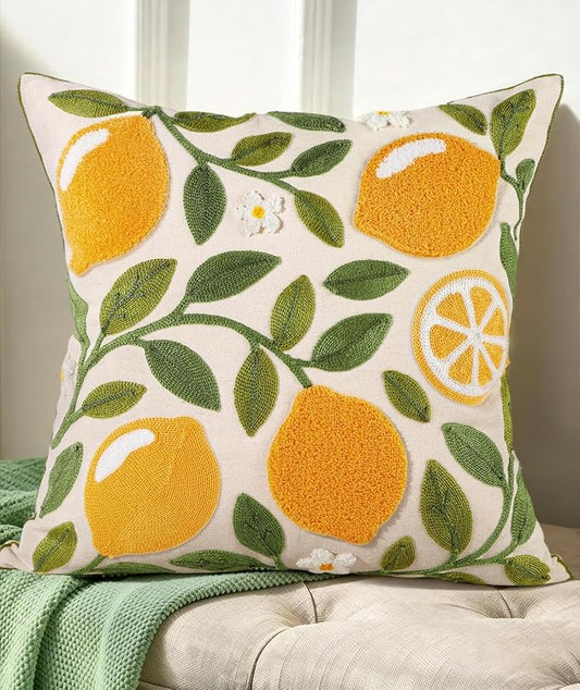 Embroidered Throw Pillow Cover - 18x18 Decorative Pillow Cover with Zipper Aesthetic Cute Design Boho Spring Summer Throw Pillowcase for Living Room Couch Sofa Bed, Branch Lemon