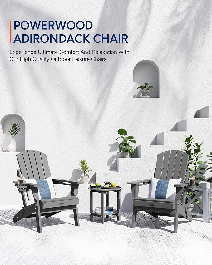 Adirondack Chair with Cup Holder: Folding Adirondack Chairs Plastic HDPE Material Furniture - Composite Fire Pit Chairs Foldable for Outdoor/Backyard/Garden/Lawn/Deck/Porch/Patio