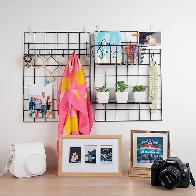 ODOXIA Wall Grid Accessories | Hanging Basket, Hooks Rack & Shelf | Wire Panel Display Shelf & Hooks | Grid Storage