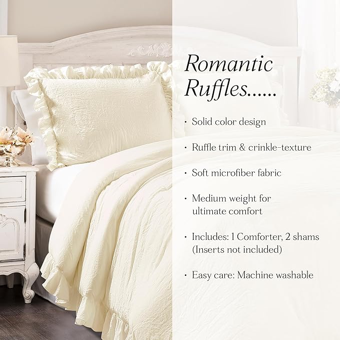 Lush Decor Reyna Ruffle Comforter Set - 3 Piece Cozy Ruffled Bedding Set - Timeless Elegance and Comfort for Dorm Room - Full/ Queen, Ivory