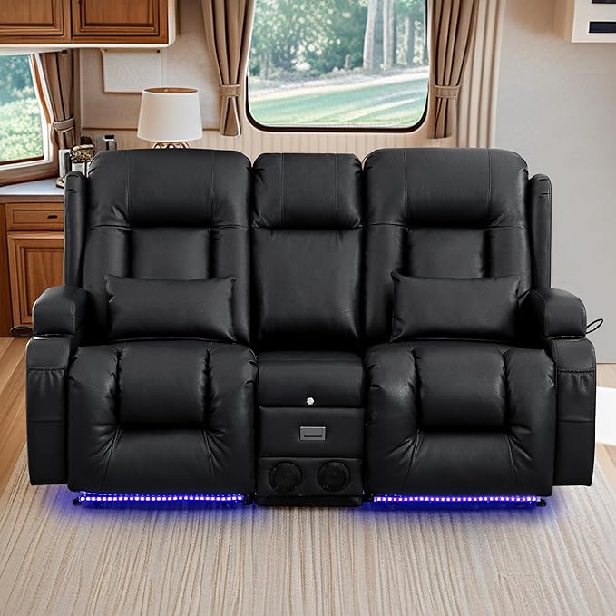 TUNYI Wall Hugger Loveseat Recliner Sofa with Console, Power Reclining Loveseat RV Couch with Massage & Heat/USB/Outlet/Storage/LED Light/Speaker (Black)