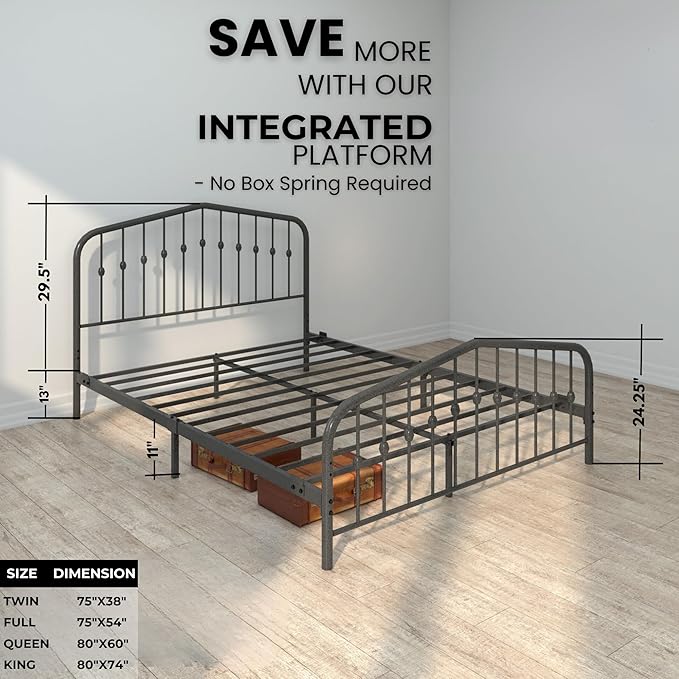 Washington Queen Metal Bed Frame with Headboard and Footboard Platform/Wrought Iron/Heavy Duty/Metal Slat/Grey Silver/No Box Spring Needed