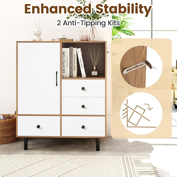 Giantex Storage Cabinet with 4 Drawers, Door and Open Compartment, 18" x 31.5" x 38.5" Inches, Metal Support Legs, Freestanding Side Cabinet, Buffet Sideboard for Living Room, Dining Room, Entryway
