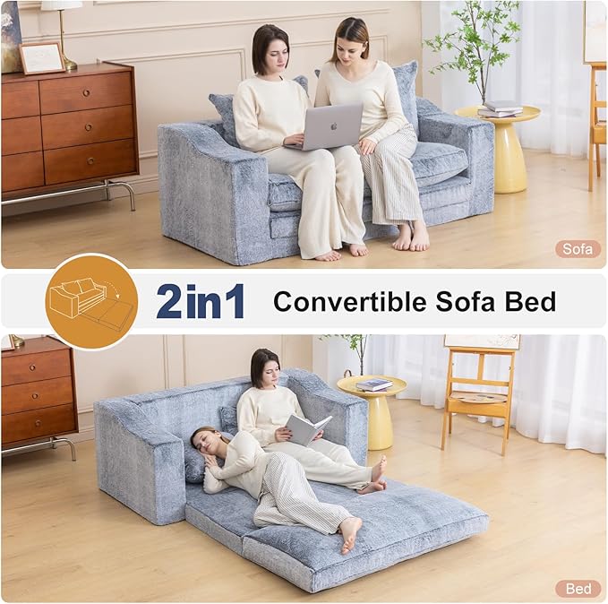 61" Convertible Sofa Bed Loveseat, Memory Foam Boneless Floor Couch with Removable Faux Fur Cover, Tri-folding Compact Full-size Sleeper for Small Living Room, Playroom, Guest Room, RV (White-on-Grey) | Convertible Sofa Bed, Premium Memory Foam, Ergono...