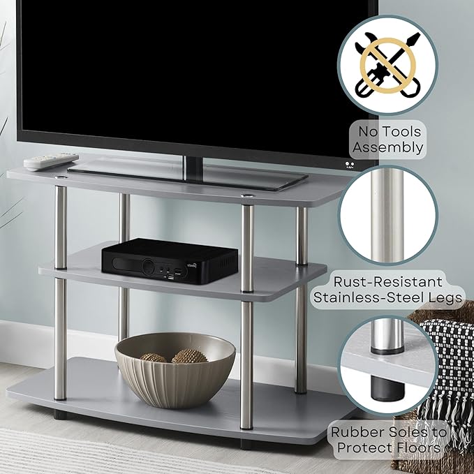 Convenience Concepts Designs2Go No Tools 3-Tier TV Stand 31.5" - Entertainment Center for TVs up to 37 Inches, Modern TV Console with Shelves for Living Room, Family Room, Gray