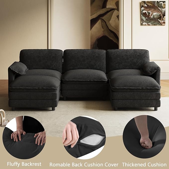 114" U Shaped Cloud Couch Sectionals Comfy Black Sectional Couches for Living Room Modern Oversized Modular Sofas with Ottoman, Fluffy Chenille Large Big 5 Seat Sofa Set