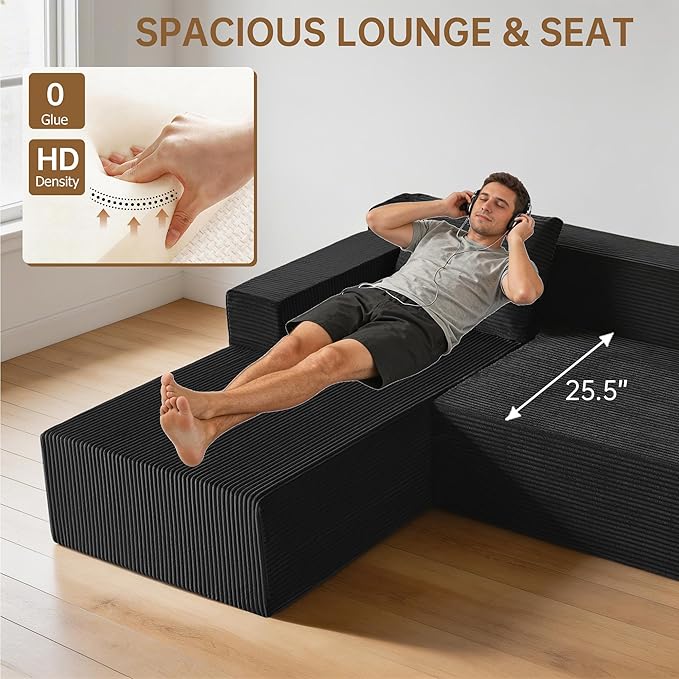 Nigoone 103" Sectional Couch for Living Room, Modular L Shaped Black Couches, Large Minimalist Modern Deep Seat Boneless Sofa, Corduroy, No Assembly | 16" Seat Height