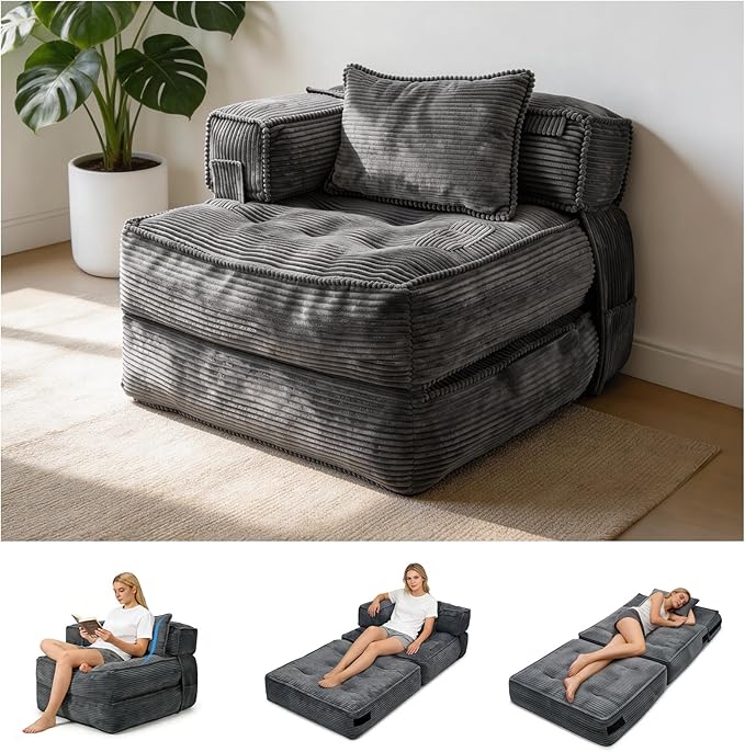 Folding Sofa Bed Chair with Armrests, Convertible Futon Couch Sleeper Chair for Adults, Fold Out Boneless Chair Bed, Foldable Sofa Lounge for Small Spaces, with Pillow, Dark Grey