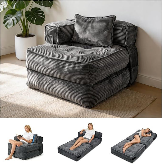 Folding Sofa Bed Chair with Armrests, Convertible Futon Couch Sleeper Chair for Adults, Fold Out Boneless Chair Bed, Foldable Sofa Lounge for Small Spaces, with Pillow, Dark Grey