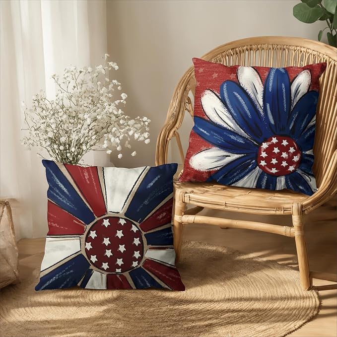 4th of July Patriotic Pillow Covers 16x16 Set of 2 Red White Blue Flower Stars Fourth of July Decorative Pillow Cases Independence Memorial Day Outdoor Cushion Cover for Home Couch Sofa