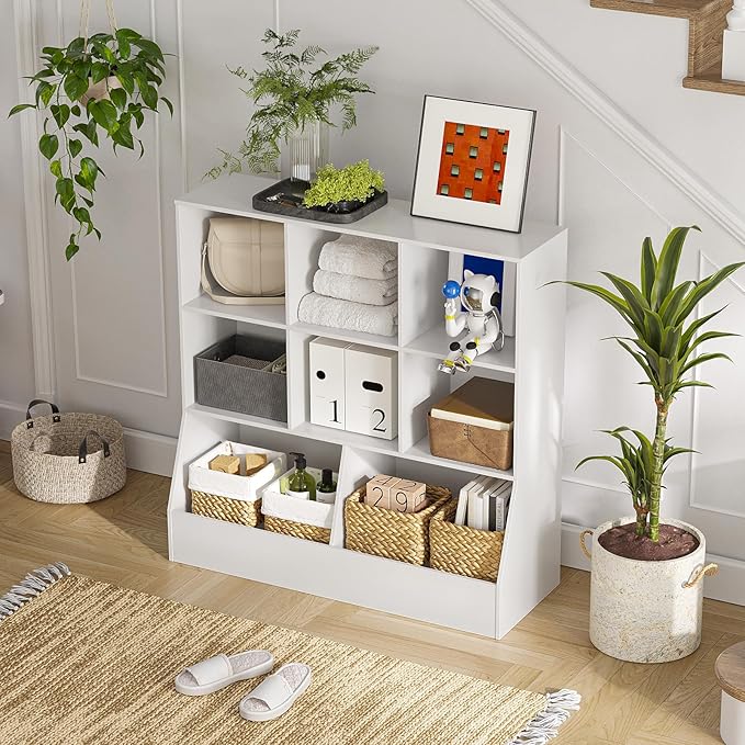 DINZI LVJ Toy Storage Organizer, Kids Bookshelf, Wood Toy Storage Cabinet, 3-Tier 8 Cubby Children Bookcase, 39.4" L Toddler Book Shelf for Playroom, Living Room, Nursery, Hallway, School, White