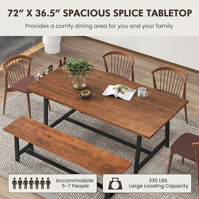 GOFLAME Dining Table for 5-7 People, 72” Large Wooden Kitchen Table with Wine Rack and Spice Rack, Rectangular Dinner Table with Metal Frame for Dining Room, Living Room, Walnut