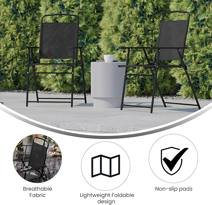 Flash Furniture Mystic Folding Patio Sling Chairs, Outdoor Textilene Lawn Chairs with Armrests, Set of 4, Black
