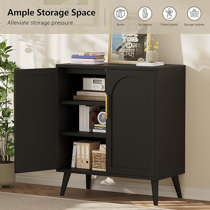 15.7" D Set of 2 Modern Buffet Cabinet with Storage, Buffet Sideboard with Adjustable Shelf and Solid Wood Legs, Accent Floor Storage Cabinet for Kitchen, Living Room and Entryway, Black