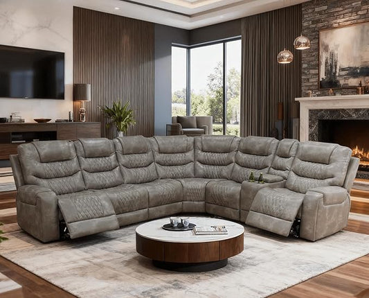 Power Recliner Sectional Sofa with LED Lighting, Breathing Leather Corner Couch with USB Port and Storage Console, Cup Holders– Home Theater & Living Room Seating(Grey)