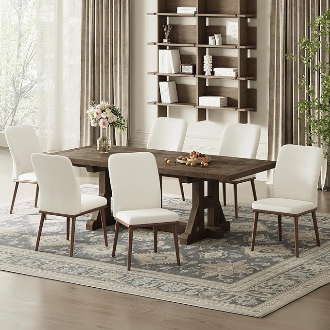 Upholstered Kitchen Chairs Set of 6, Modern Kitchen Chairs with High Back, Padded Fabric Dining Room Chair with Solid Wood Legs for Restaurant/Cafe/Home, Beige