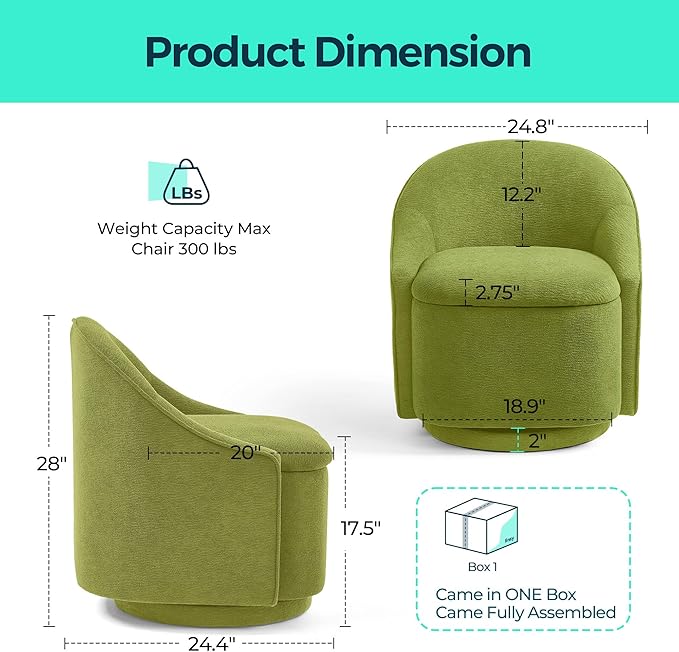 LINSY Swivel Accent Chair Set of 2, Comfy Chenille Barrel Chairs with Storage 360 Swivel Modern Armchair for Living Room Bedroom, Small Boucle Reading Chair for Study Room (Green)
