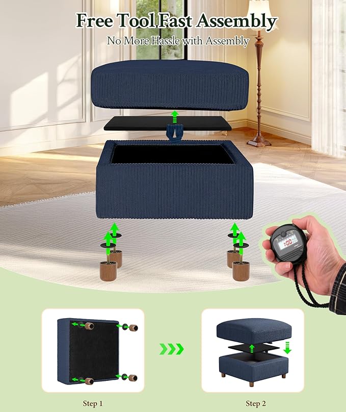 Welzona 25.2" Couches for Living Room, Comfy Blue Ottoman with Storage, Foot Rest Tool-Free Setup, Small Ottoman Foot Rest for Couch, Corduroy Couch for Bedroom, Apartment, Office