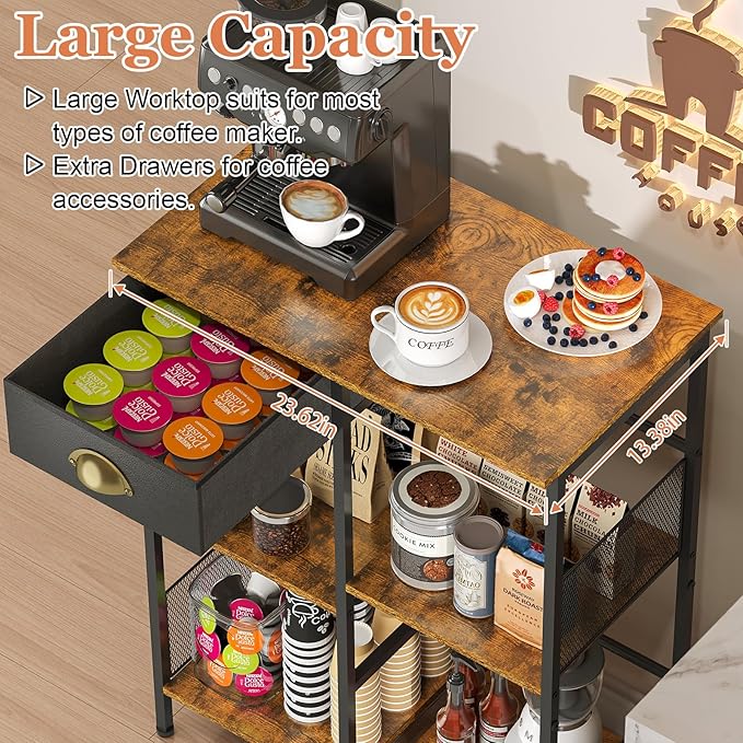 X-cosrack Farmhouse Small Coffee Bar with Drawer, 5-Layer Staggered Coffee Stand Station for Small Space, Rustic Bar Cabinet for Kitchen, Buffet Sideboard Cabinet for Living Room, Room Cafe