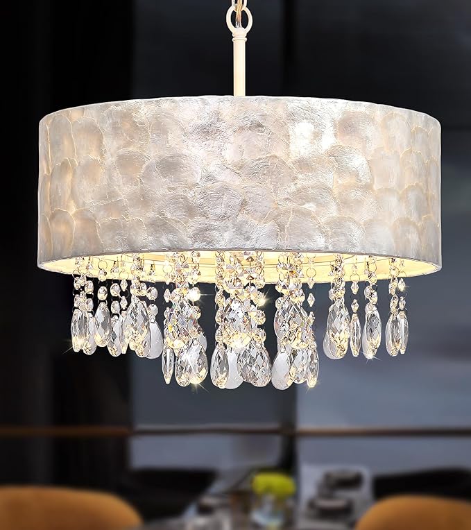 Q&S Boho Coastal Capiz Shell Crystal Chandelier,Modern Glam Luxe Drum D18 inch 4-Light Pendant Light Fixture for Dining Room Living Room Bedroom Kitchen Island Foyer UL Listed