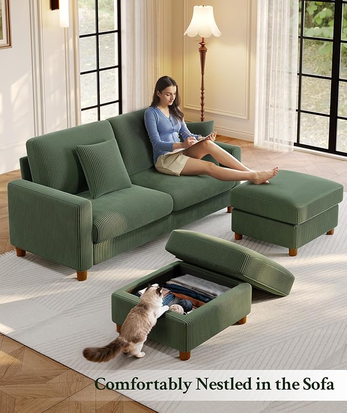 Welzona 70.2" Couches for living room, Comfy U Shaped Couch Green 7.1" Thicker Cushion, Sofas for Living Room Tool-Free Setup, Loveseat with Ottoman 7058lbs Support, Corduroy Couch for Bedroom, Office