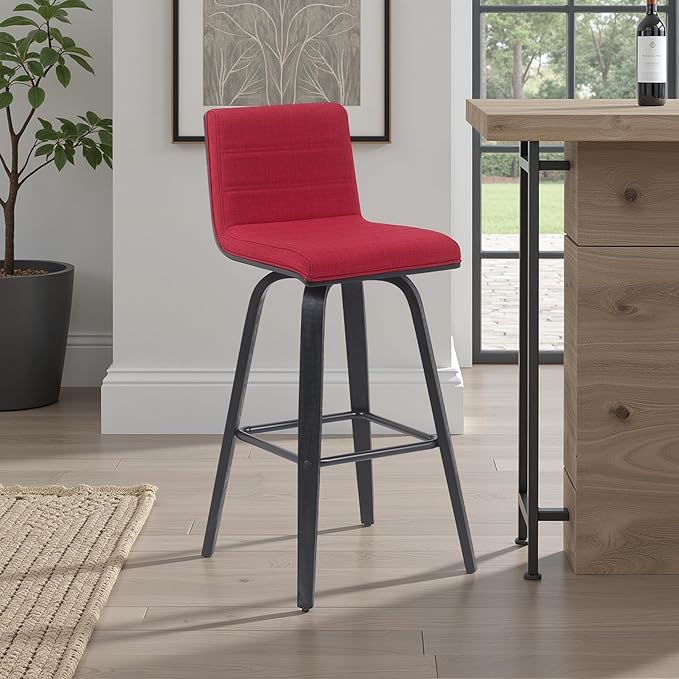 Vienna Modern Swivel Bar Height Stool with Red Upholstered Seat and Brushed Wood Frame Set of 3
