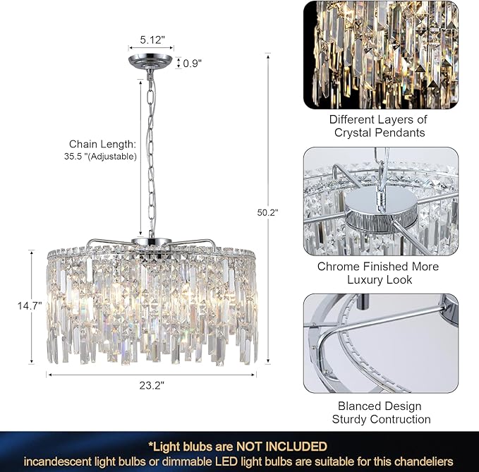 Crystal Chandelier, 24" Modern Round Chandelier for Dining Room, K9 Large 8-Light Crystal Pendant Fixtures Raindrop Luxury Pendant Ceiling Light Chrome for Entryway Foyer Staircase