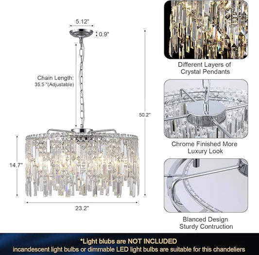 Crystal Chandelier, 24" Modern Round Chandelier for Dining Room, K9 Large 8-Light Crystal Pendant Fixtures Raindrop Luxury Pendant Ceiling Light Chrome for Entryway Foyer Staircase