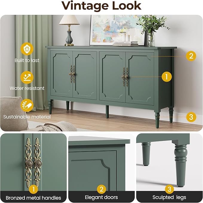 Console Table, 58'' Mid Century Modern Pantry Cabinet, Wood Buffet Sideboard, Media Credenza with 4 Doors, Accent Storage for Entryway, Living Room, Bedroom, Dining Room(Green1)