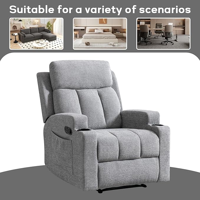 CANMOV Manual Massage Heat Recliner Chair Set of 3,Soft Fabric Recliner Chair with Overstuffed Arm and Back, Manual Reclining Single Sofa with 2 Cup Holders, Side Pocket for Living Room,Light Grey
