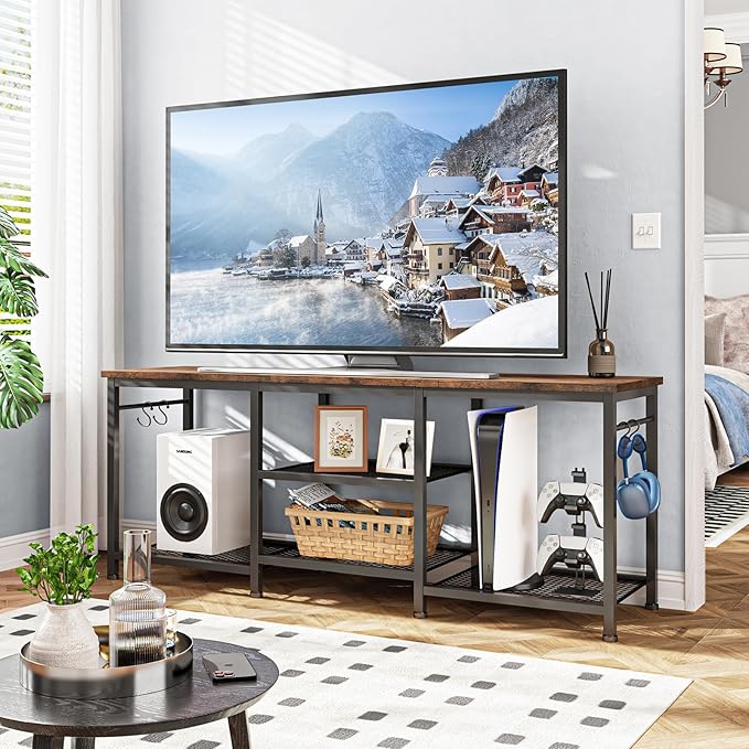 YGEOMER TV Stand for Living Room Entertainment Center for TVs Up to 55 Inches, TV Media Console Table Television Stands for Bedroom, Rustic Brown