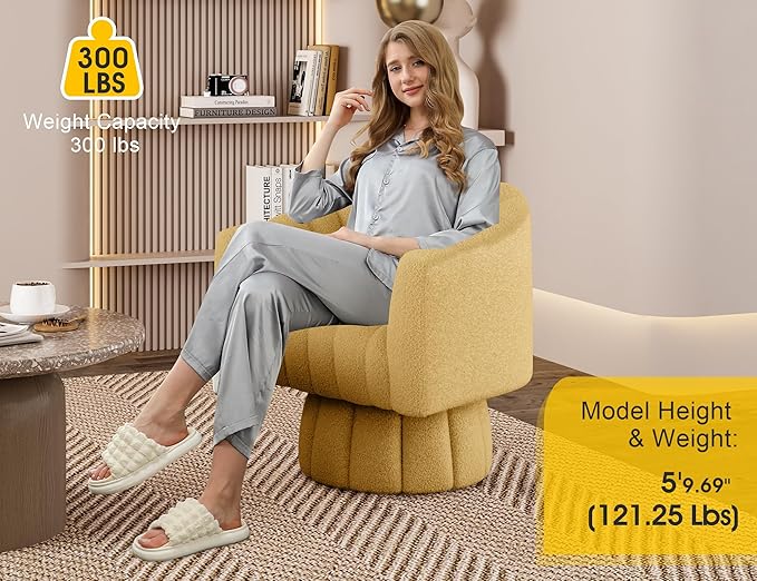 360 Degree Sherpa Swivel Cuddle Barrel Accent Sofa Chairs, Round Teddy Armchairs with Wide Upholstered, Furry Boucle Reading Chair for Living Room, Bedroom, Office, Waiting Rooms (Mustard)
