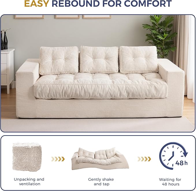 MAXYOYO Oversized Loveseat Sofa Couch, Upholstered Bean Bag Chair Cloud 3-Seat for Adults, Boneless Couch with Tufted Cushion & Pillows, Sofa in A Box, No Assembly Required, Beige