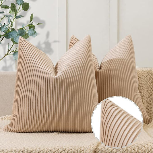 YCOLL Tan Pillow Covers 20x20 Set of 2 Velvet Striped Pattern - Soft Throw Pillows for Home Decor, Luxury Decorative Pillow Covers for Couch, Bed,Living Room