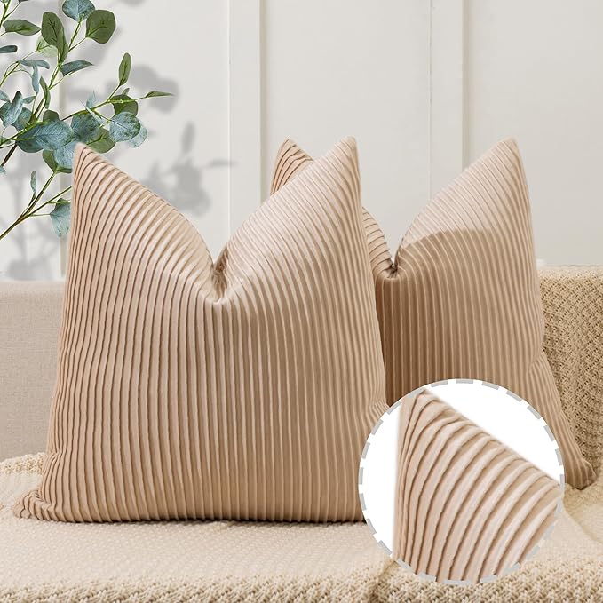 YCOLL Tan Pillow Covers 24x24 Set of 2 Velvet Striped Pattern - Soft Throw Pillows for Home Decor, Luxury Decorative Pillow Covers for Couch, Bed,Living Room