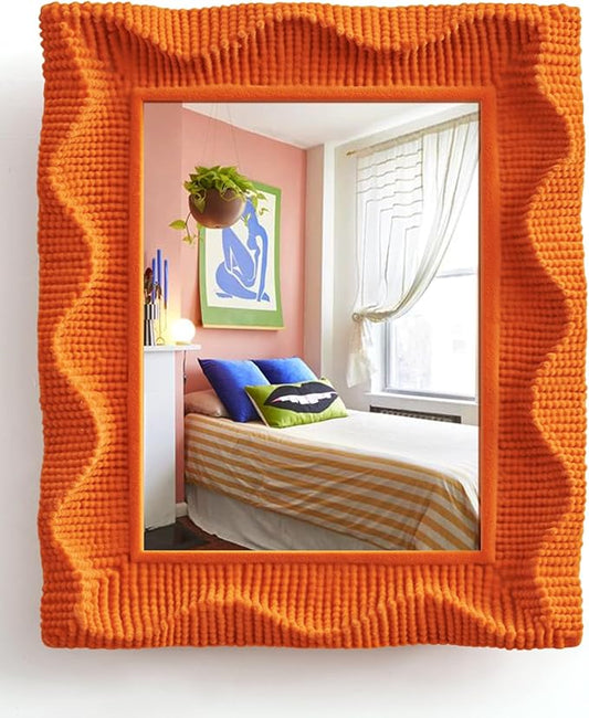 Wavy Wall Mirror with Soft Flocking Touch, 14x12 Resin Decorative Wall Mirror for Bedroom Bathroom Living Room Modern Aesthetic Decor, Trendy Accent Mirrors for Girl Teens Gift (Orange)