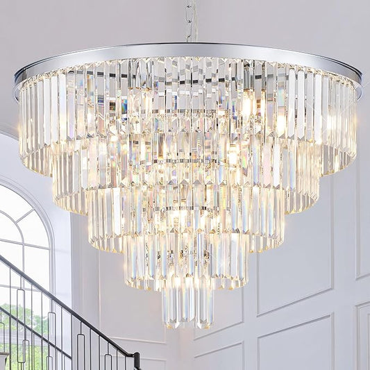 Large Crystal Chandeliers Modern Chrome 30” Chandelier for Foyer Staircase Luxury 5 Tiers 16 Lights K9 Ceiling Pendant Lighting Fixture for Living Room Dining Room Bedroom
