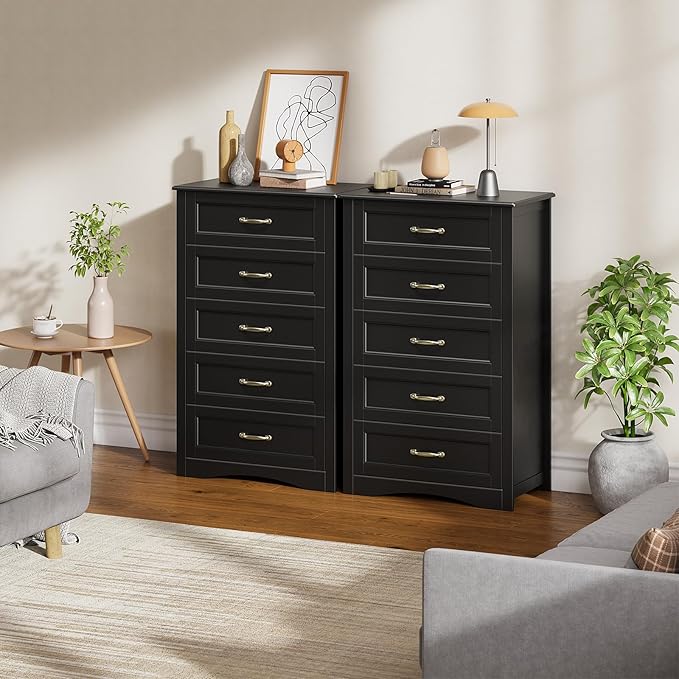 Gizoon 5 Drawer Dresser, Black Wood Chest of Drawers for Bedroom, 43.3" Large Capacity Storage Cabinet with Anti-Tip Device, for Clothes, Living Room, Hallway, Office