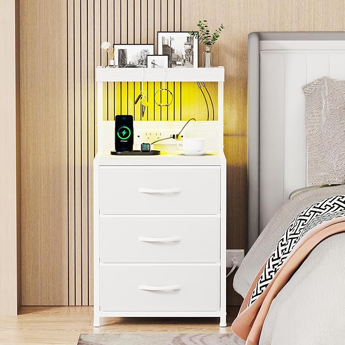Night Stand with Charging Station Set of 2, LED Nightstand Bedside Table with USB Ports and Outlets, 3 Fabric Drawer End Side Table Dresser for Bedroom with Storage Shelf and 2 Hooks, White