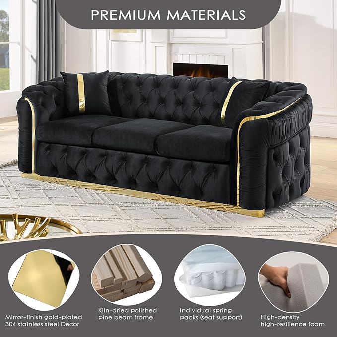 KEIKI 2-Piece Luxury Chesterfield Sofa Set with 2 Oversized Velvet 3-Seater Sofa, Upholstered Modern 6-Seater Button Tufted Couch Set with 4 Pillow, Gold Stainless Decoration, for Living Room, Black