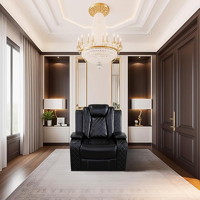 Breathing Leather Power Reclining Chair, Leather Reclining Sofa Couch Chair for Living Room, Single Recliner with USB Ports/LED Lighting for Bedroom/Office/Home Theater (Black, Recliner Chair)