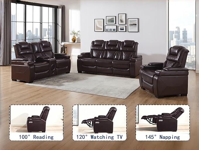 THSUPER Power Breathable Leather Reclining Chair with 7-Color LED Light, Living Room Recliner Chair with Adjustable Headrest/USB Port/Cup Holder/Storage Arm for Living Room, Brown