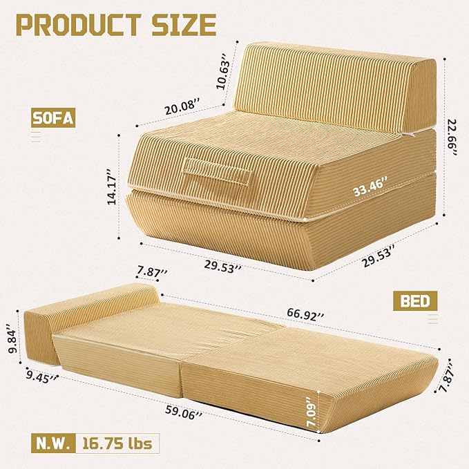 Trenda Folding Sofa Bed, 16lbs Convertible Sleeper Chair with Removable Back Pillow & Handle, Washable Cover Solid Foam Fold Out Chair Bed for Living Room, Apartment, Guest, Single, Camel