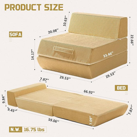 Trenda Folding Sofa Bed, 16lbs Convertible Sleeper Chair with Removable Back Pillow & Handle, Washable Cover Solid Foam Fold Out Chair Bed for Living Room, Apartment, Guest, Single, Camel