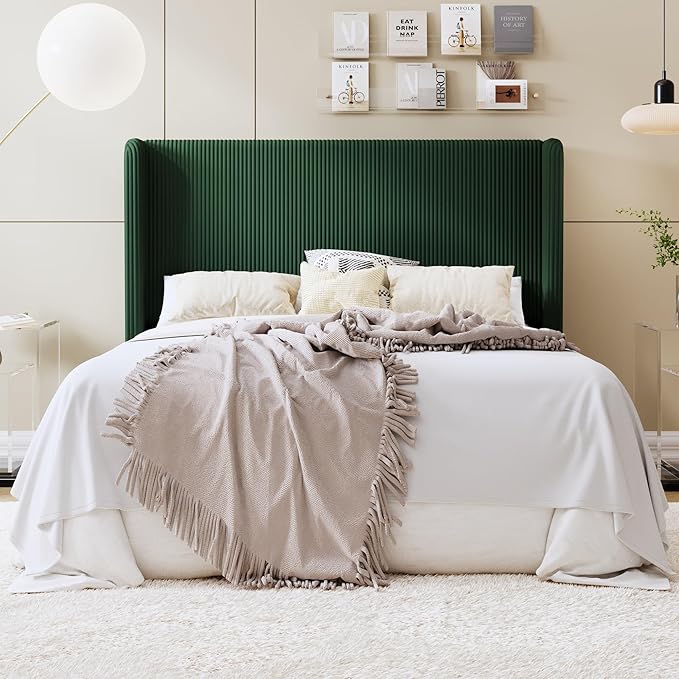 SHA CERLIN Queen Size Corduroy Upholstered Platform Bed Frame with Vertical Channel Tufted Wingback Headboard, 8" Under Bed Storage, Wooden Slats & Metal Frame Support, Easy Assembly, Dark Green