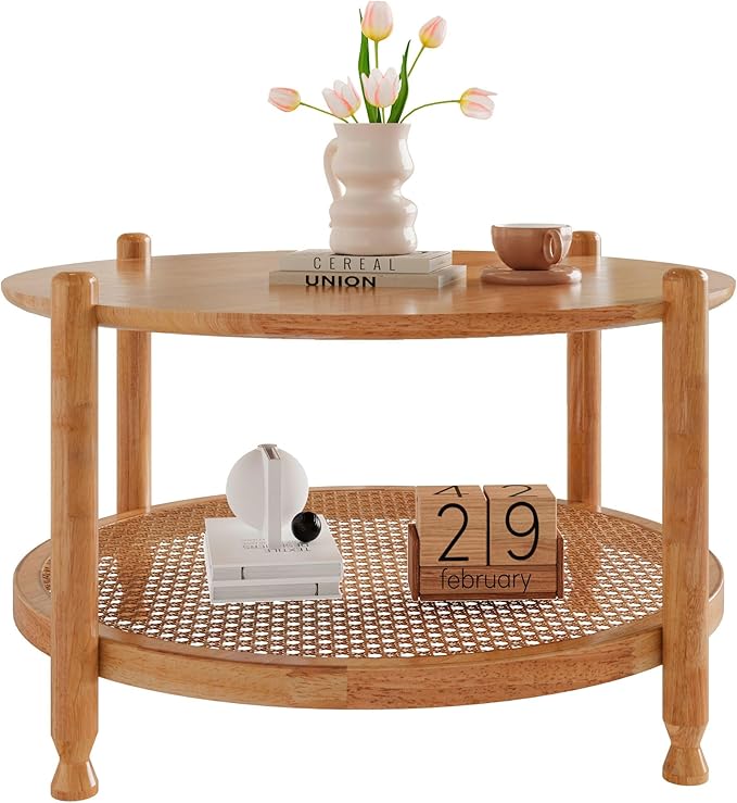 NSdirect 32" Rattan Coffee Table for Living Room, 2-Tier Solid Wood Round Center Table for Home Decor with Boho Woven Rattan Storage Shelf | Modern Farmhouse Design, Easy Assembly, Oak