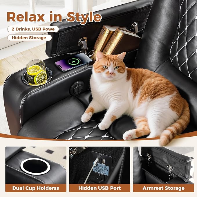 ANJ Power Recliner Sofa Set, Faux Leather Reclining Couch Sets for Living Room, Included 2PC 3 Seat Recliner Sofa with USB Ports and Cup Holders,Hidden Arm Storage, Black